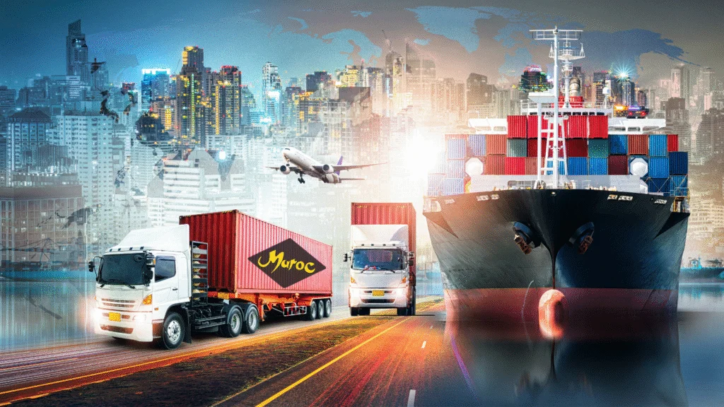 Transport et logistique export — conteneurs, navire et camions